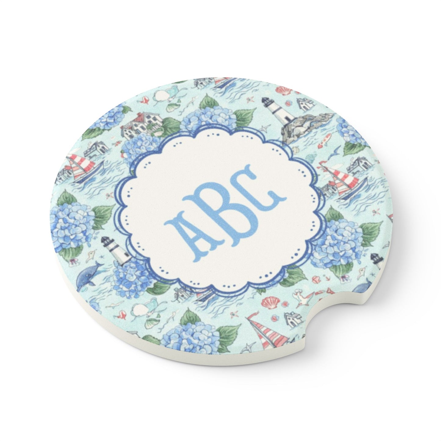 Nautical Hydrangea Monogram Car Coaster | Soapstone