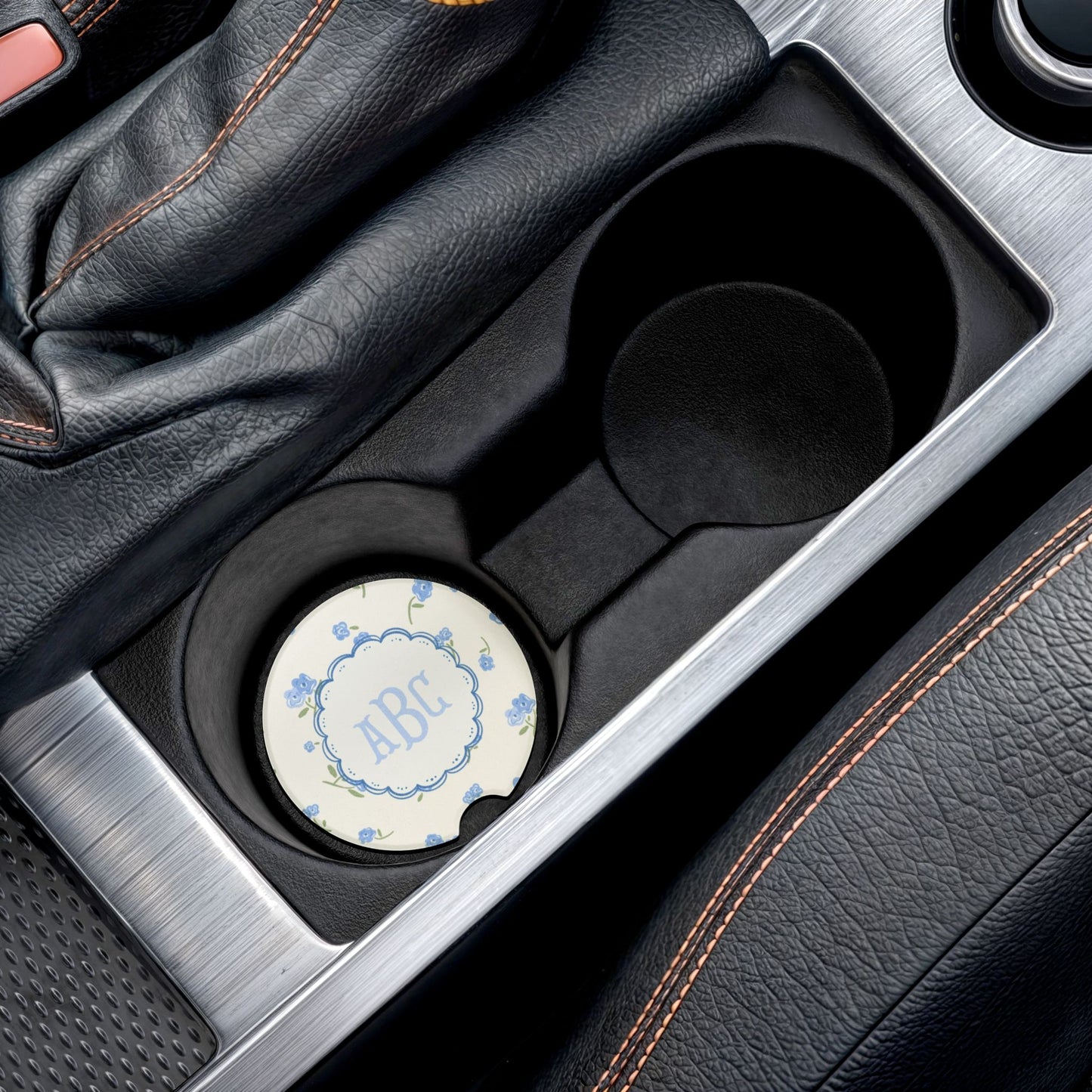 Blue Floral Monogram Car Coaster | Soapstone Drink Holder