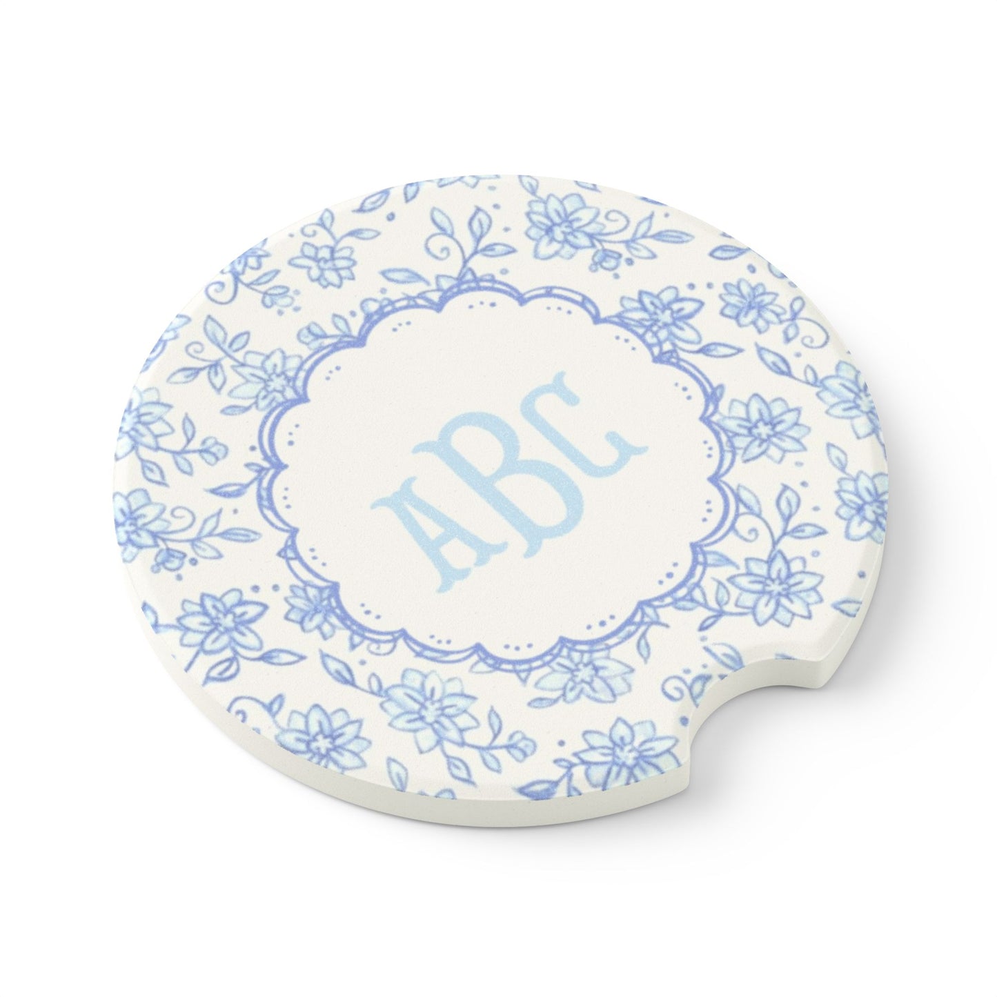 Blue Floral Monogram Soapstone Car Coaster