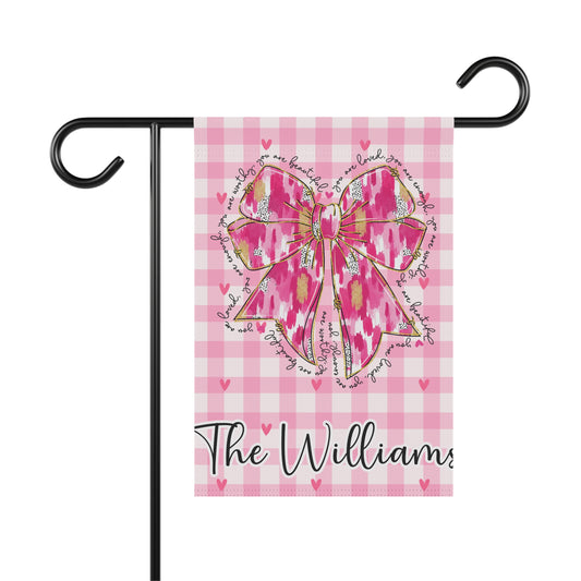 Personalized Valentine Garden Flag with Pink Bow