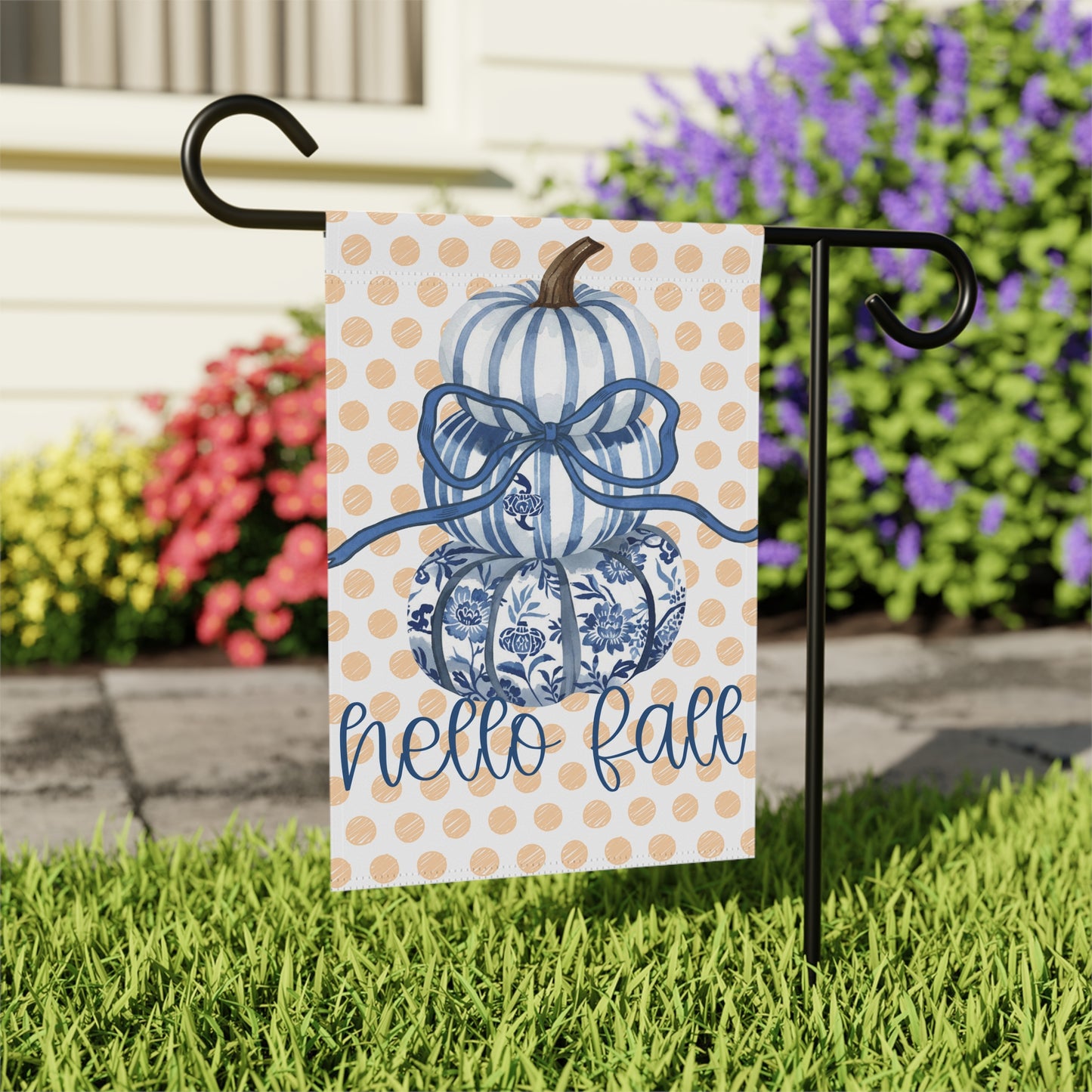 Blue Floral Pumpkins Hello Fall Garden Flag | House Banner
