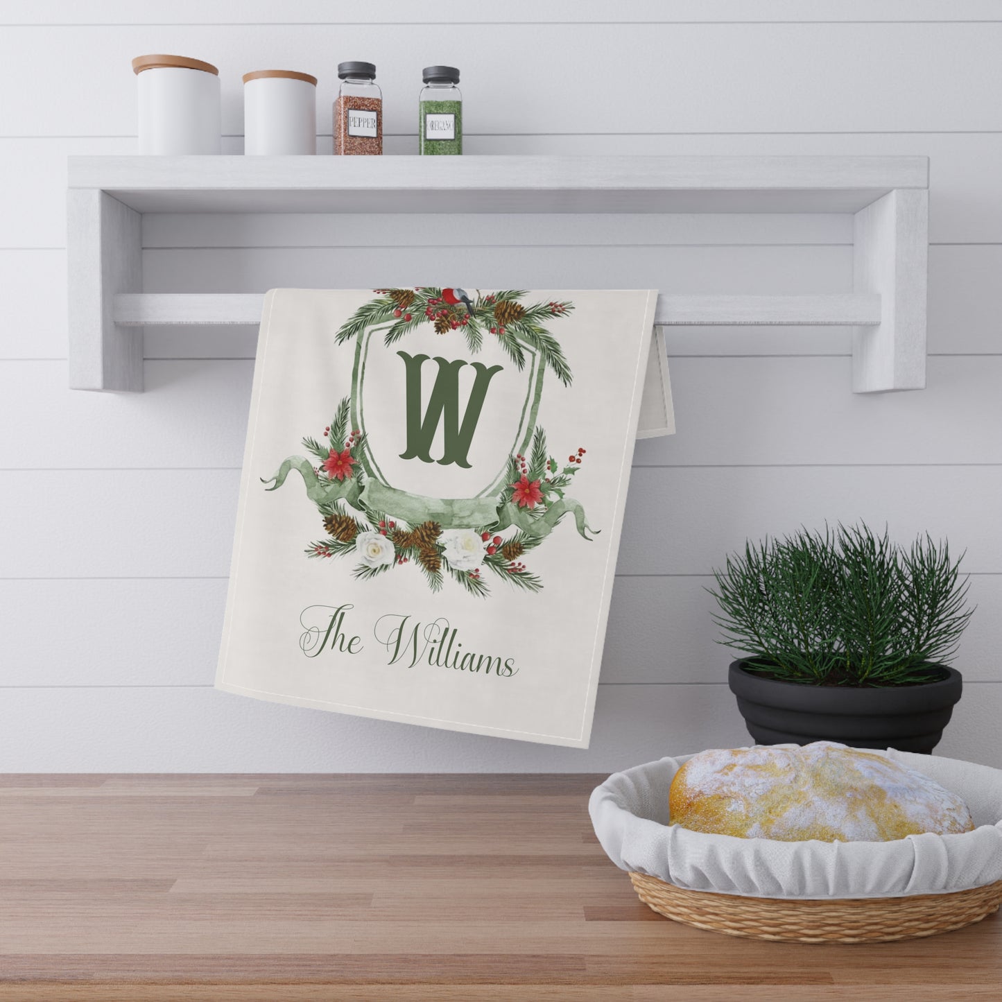 Monogram W Wreath Tea Towel | Personalized Initial Kitchen Towel