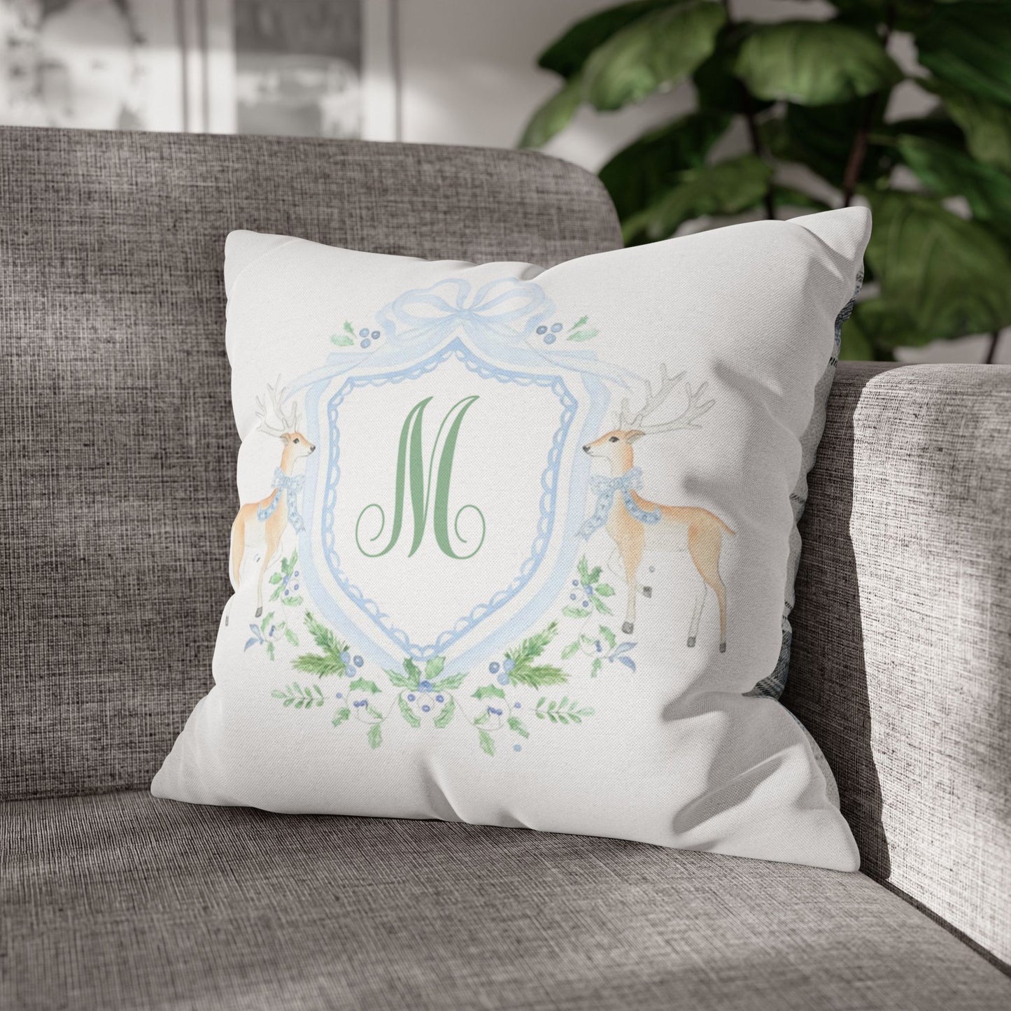 Monogram M Crest Pillowcase, Deer Wreath Accent Pillowcase