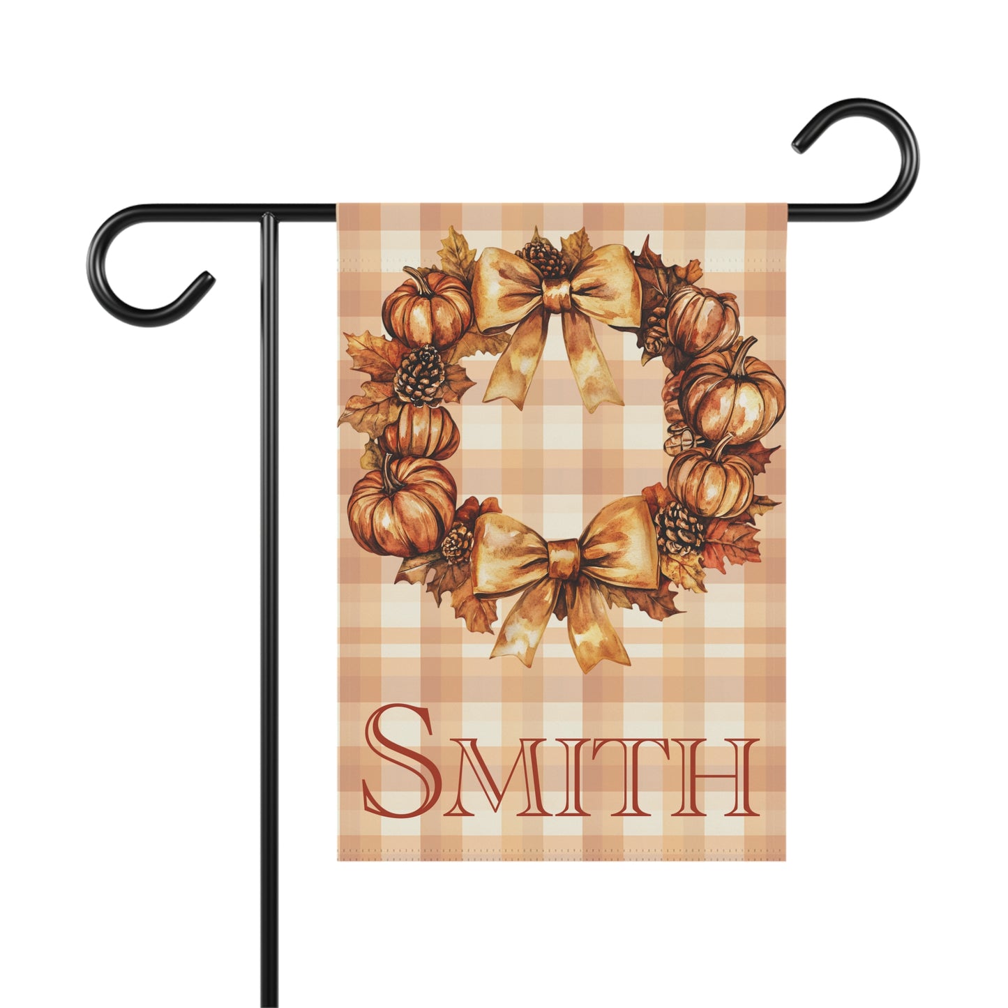 Personalized Fall Pumpkin Wreath Garden Flag Custom Name Autumn Outdoor Yard Decor, Thanksgiving Plaid Seasonal Porch Decoration