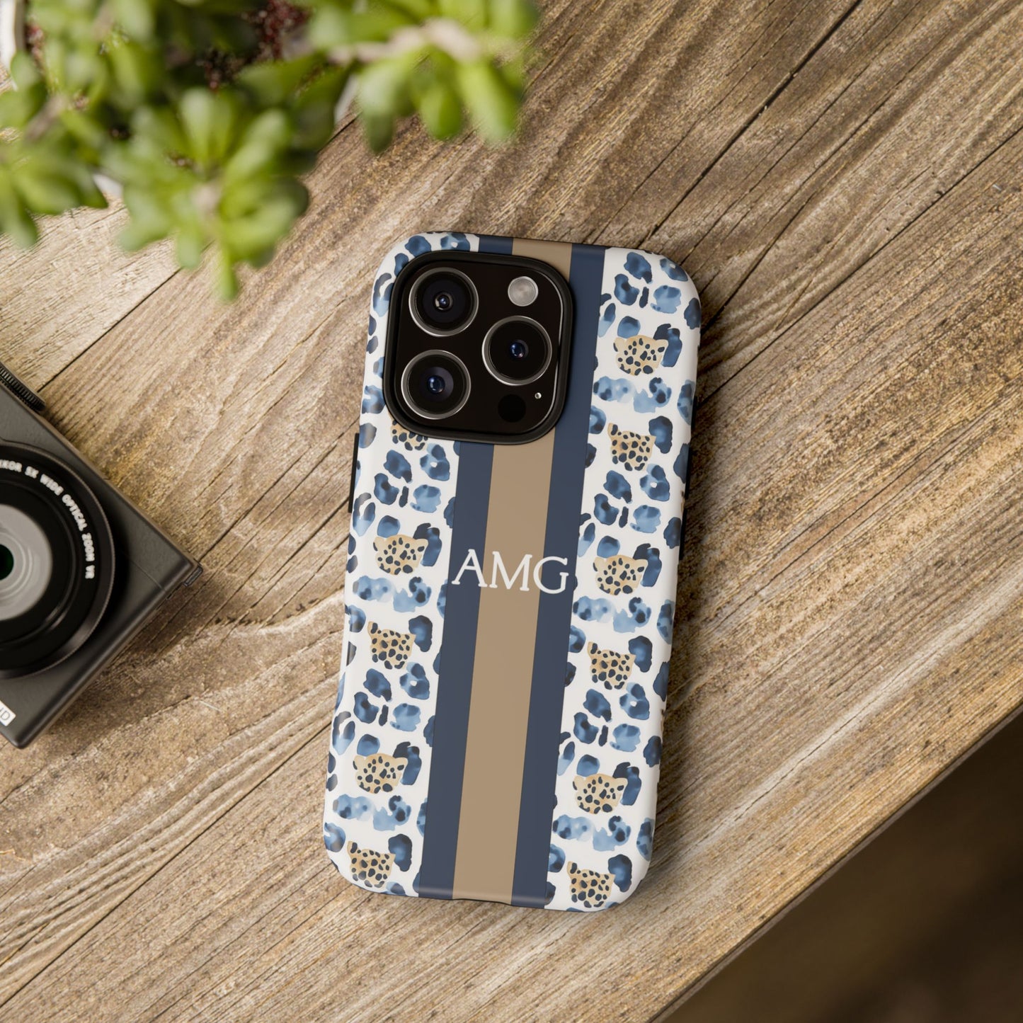 Blue Leopard Monogram Phone Case