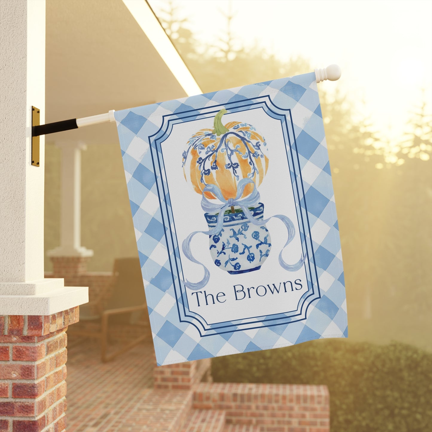 Blue Gingham Pumpkin in Blue Willow Vase Garden Flag | House Banner, Personalized Name