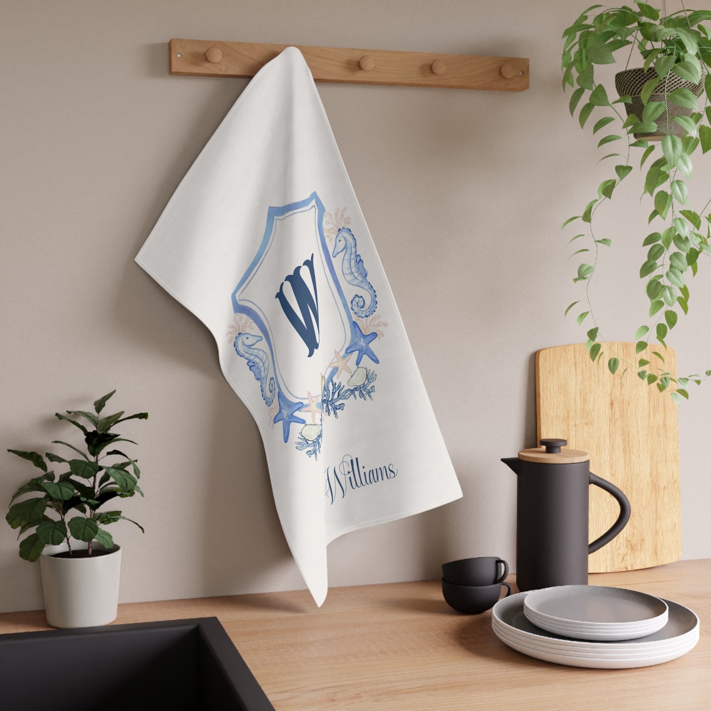 Nautical Seahorse Shield Monogram Tea Towel | Personalized Initial