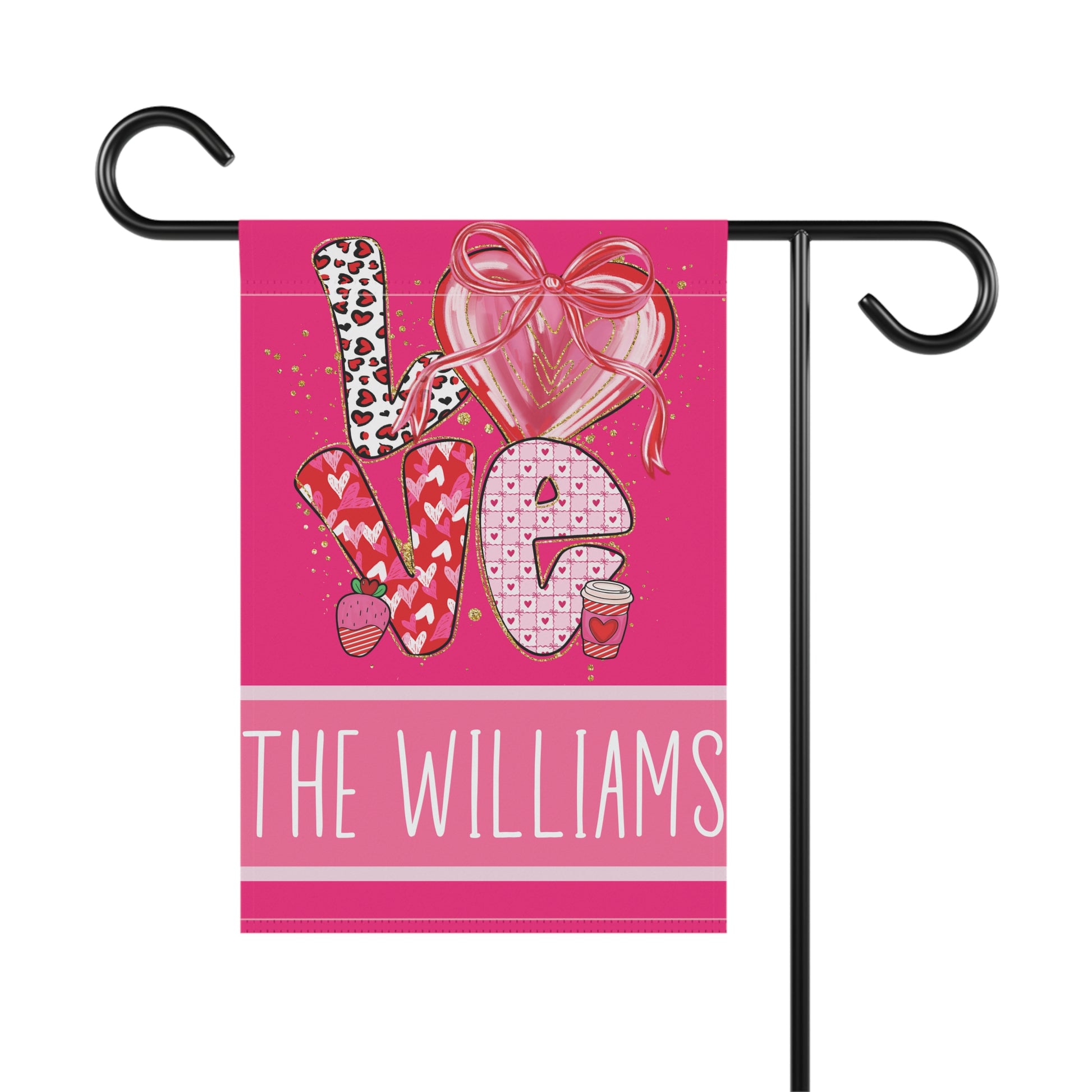 bright pink LOVE Valentines garden flag with hearts, strawberry and coffee cup details and personalized family name bar at bottom
