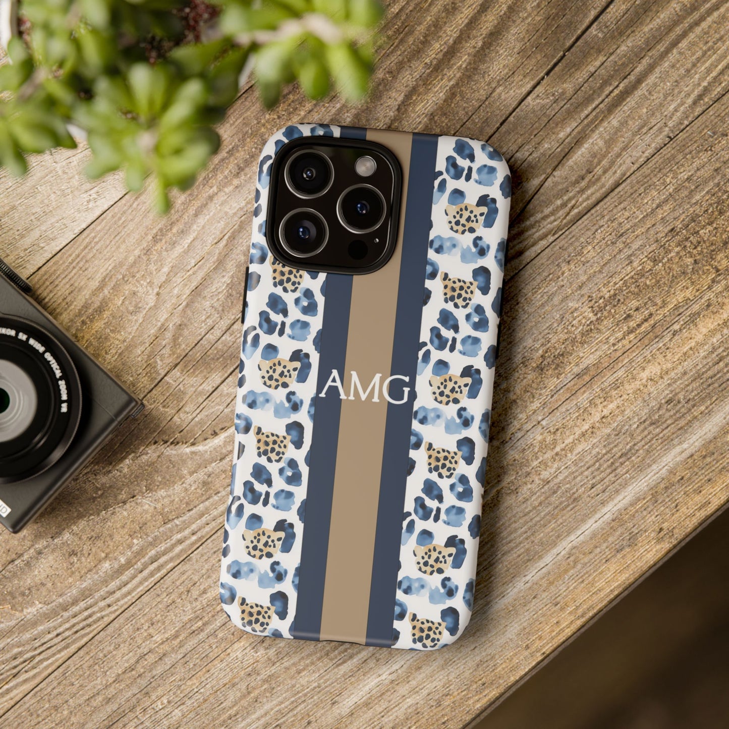 Blue Leopard Monogram Phone Case