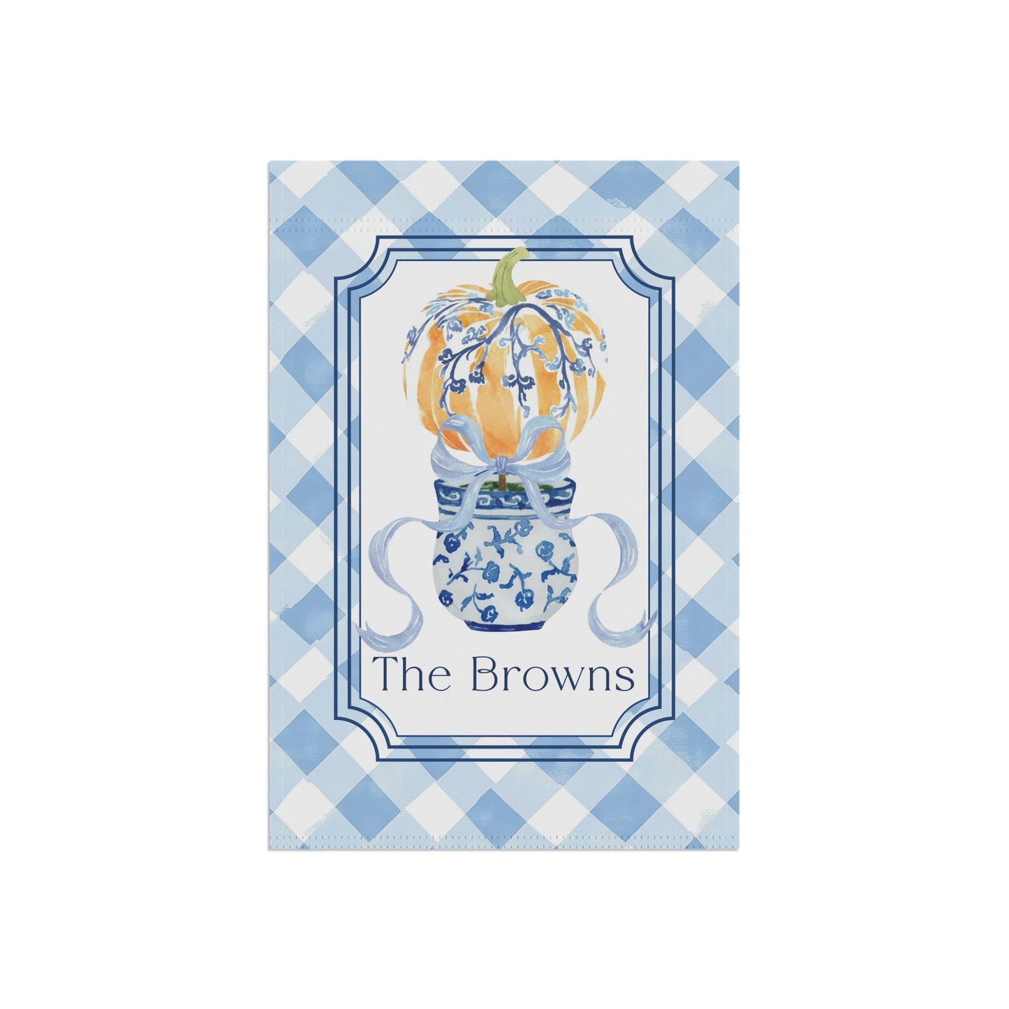 Blue Gingham Pumpkin in Blue Willow Vase Garden Flag | House Banner, Personalized Name