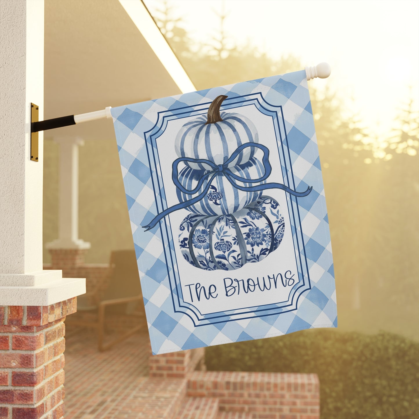 Blue Gingham Pumpkin with Bow Garden Flag | House Banner