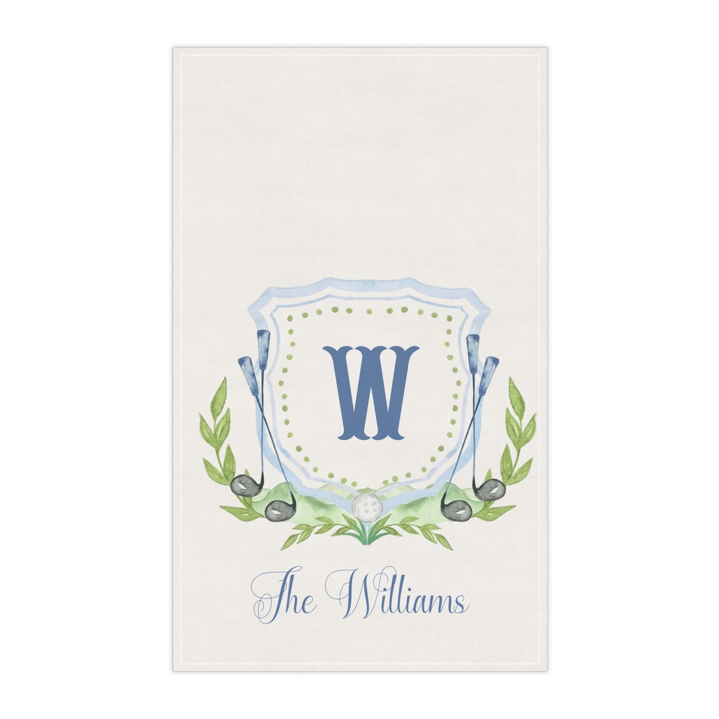 Blue Monogram W Shield with Olive Branches Tea Towel | Personalized Kitchen Towel