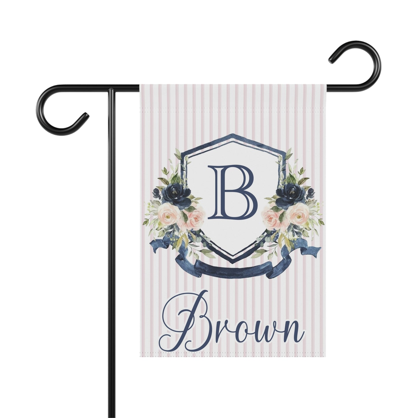 Personalized Navy Blue Floral Crest Garden Flag