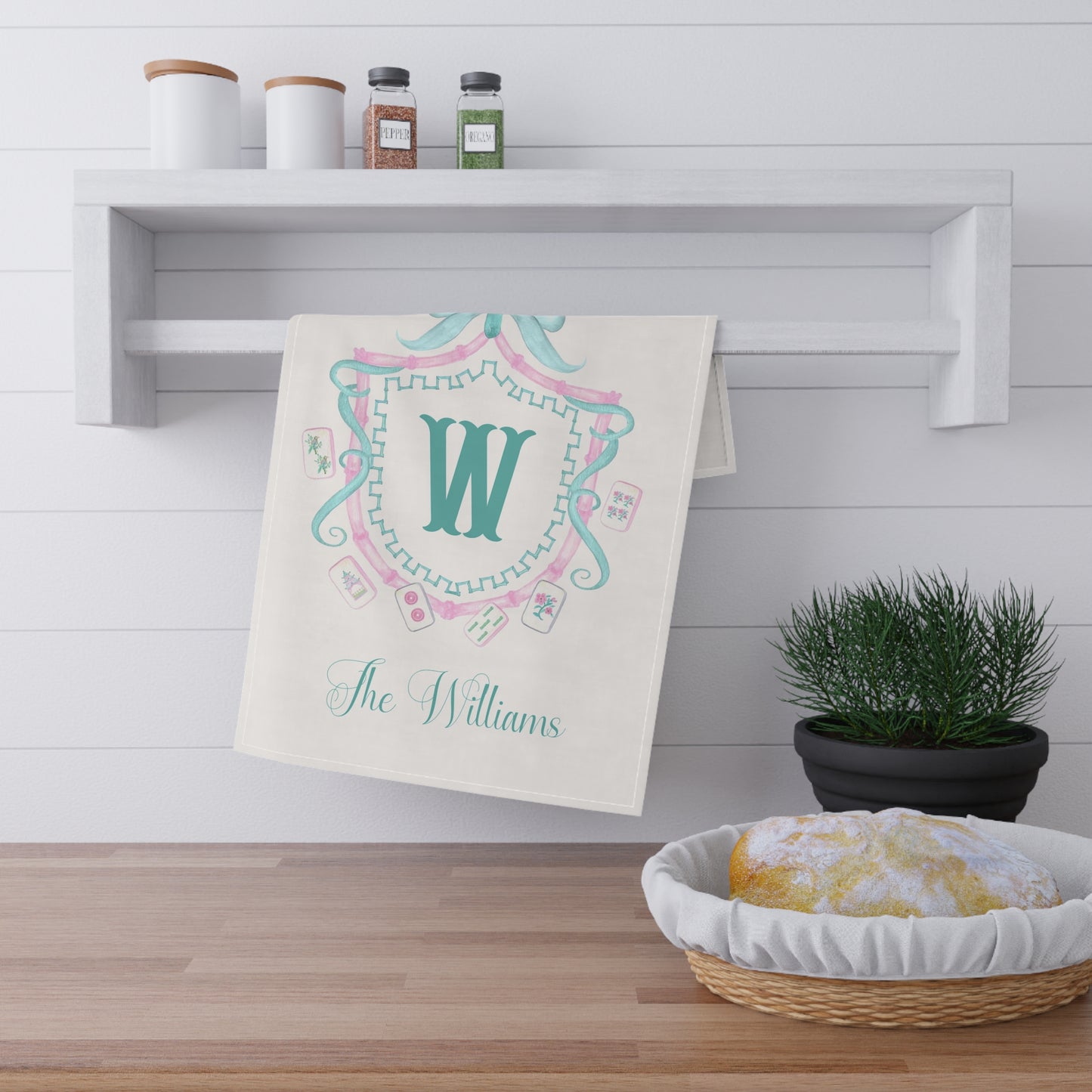 Monogram W Crest Tea Towel | Personalized Kitchen Towel