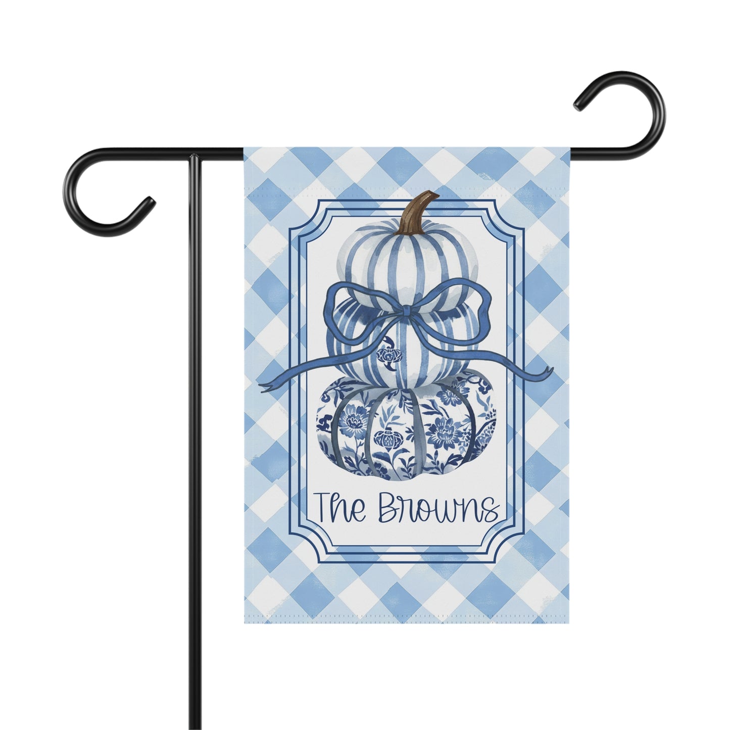 Blue Gingham Pumpkin with Bow Garden Flag | House Banner