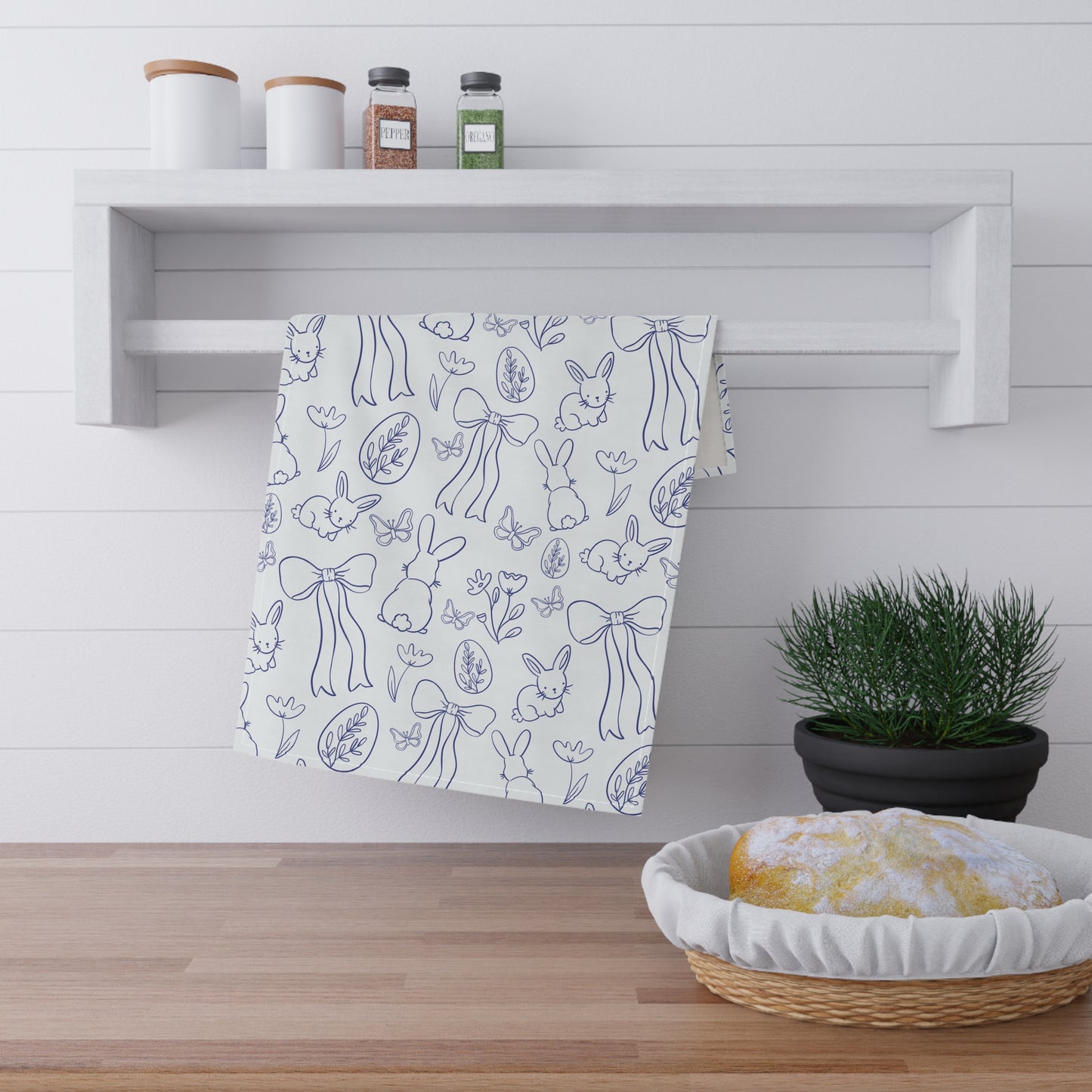 Blue Bunny Toile Easter Tea Towel