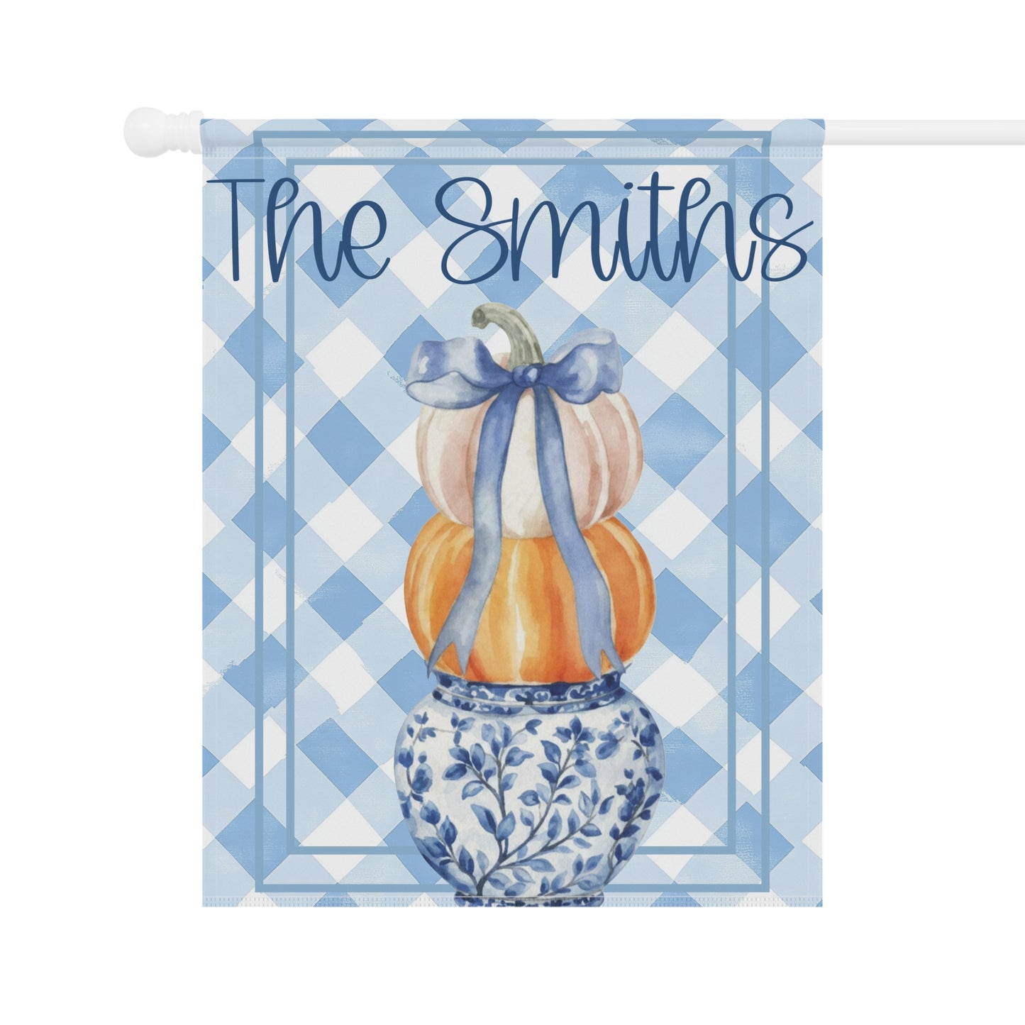 Blue Gingham Pumpkin Stack Garden Flag | Garden Banner