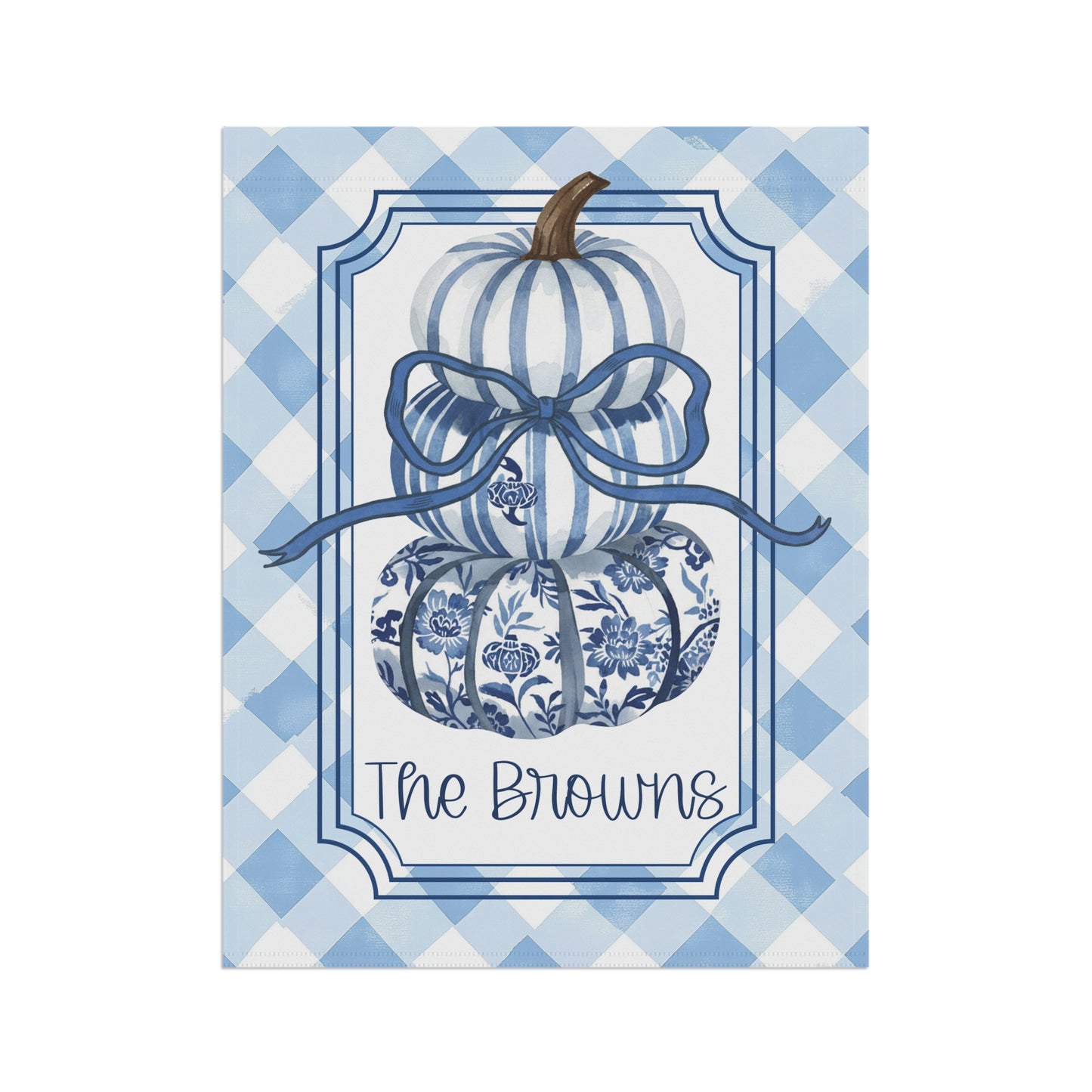 Blue Gingham Pumpkin with Bow Garden Flag | House Banner
