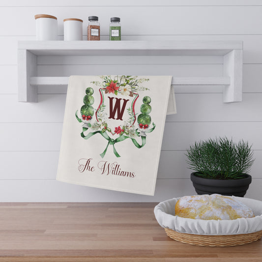 Monogram W Crest Holiday Floral Tea Towel | Personalized Name