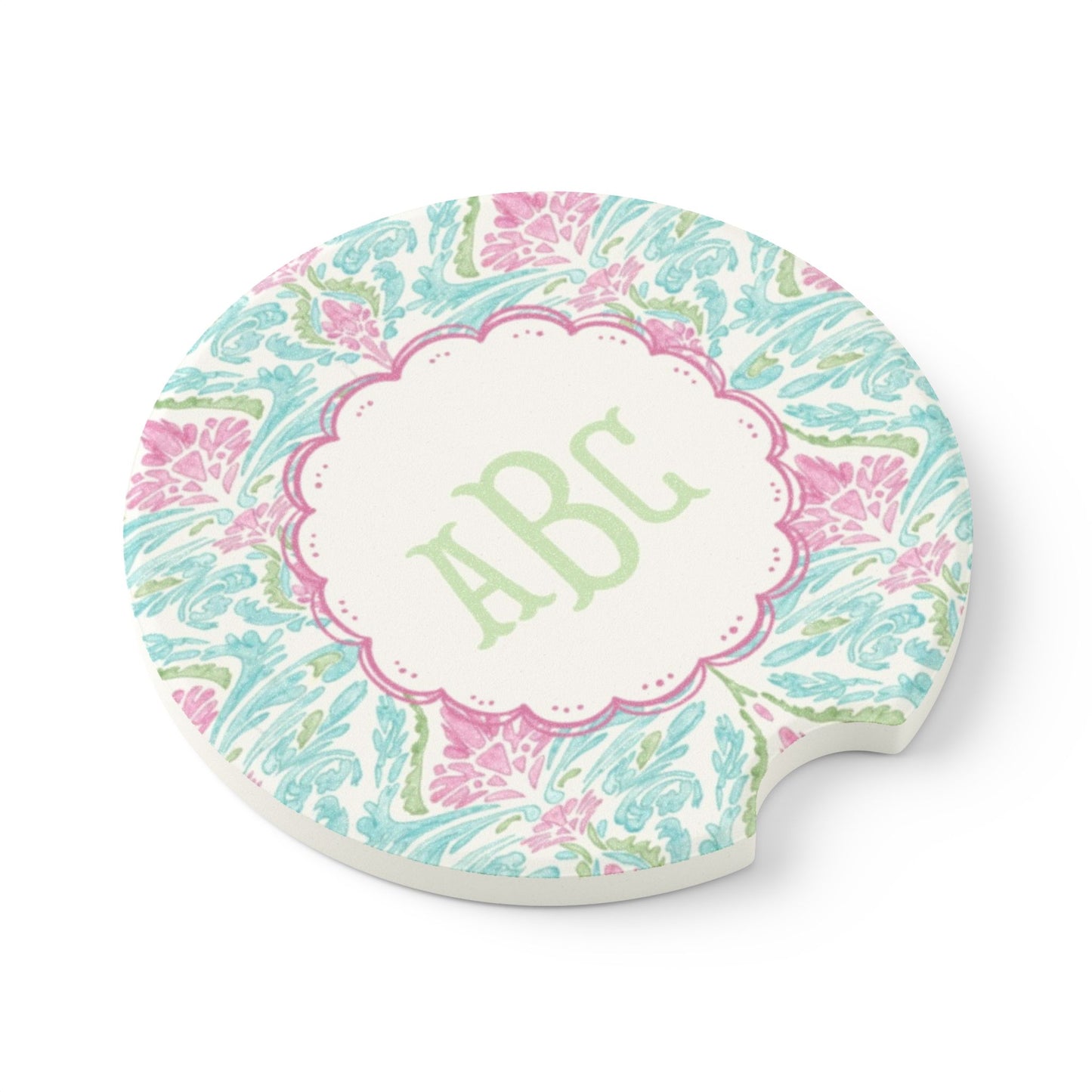Pink Teal Damask Monogram Soapstone Car Coaster | Personalized Initials