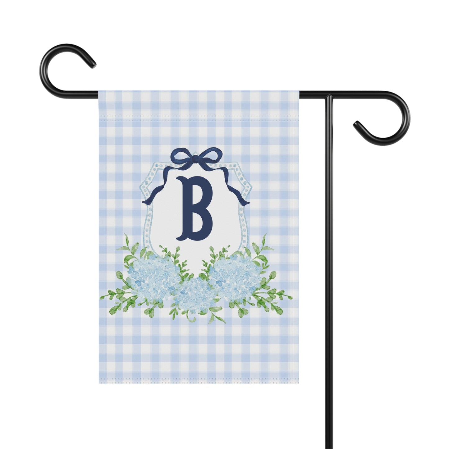 Blue Gingham Hydrangea Monogram Garden Flag