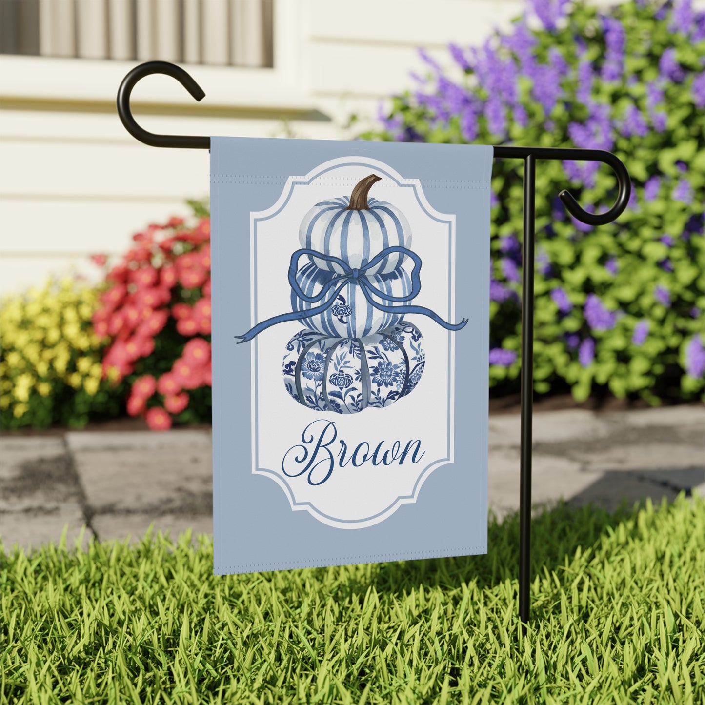 Blue Toile Pumpkins Garden Flag | House Banner, Personalized Name