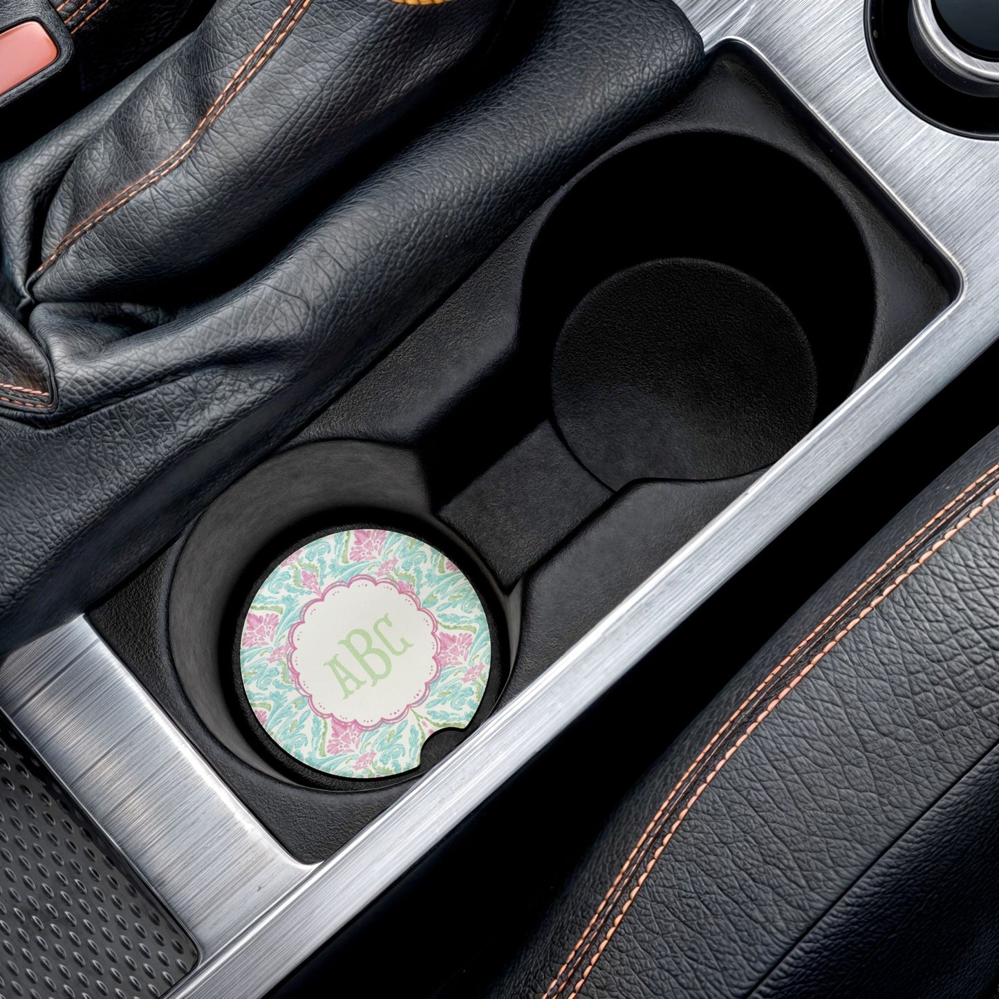Pink Teal Damask Monogram Soapstone Car Coaster | Personalized Initials
