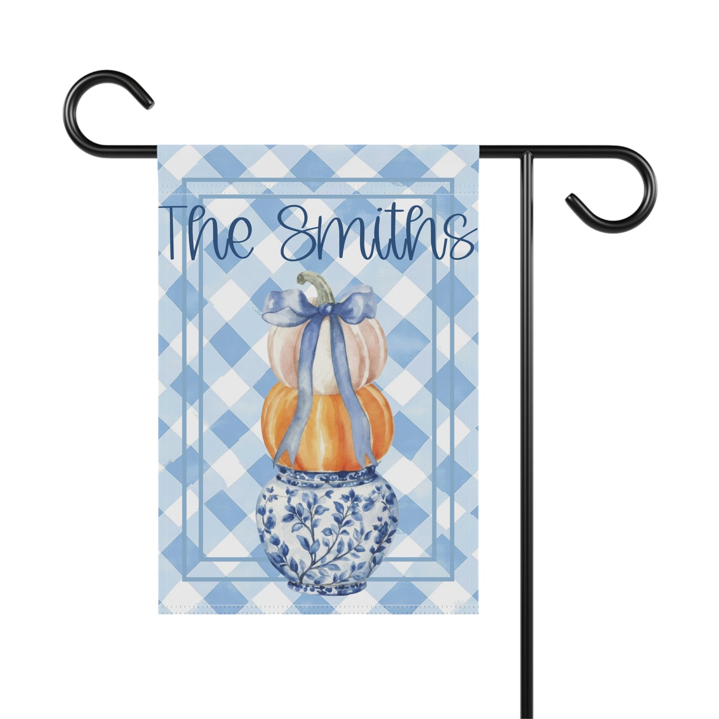 Blue Gingham Pumpkin Stack Garden Flag | Garden Banner