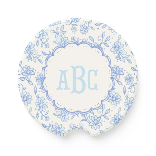Blue Floral Monogram Soapstone Car Coaster