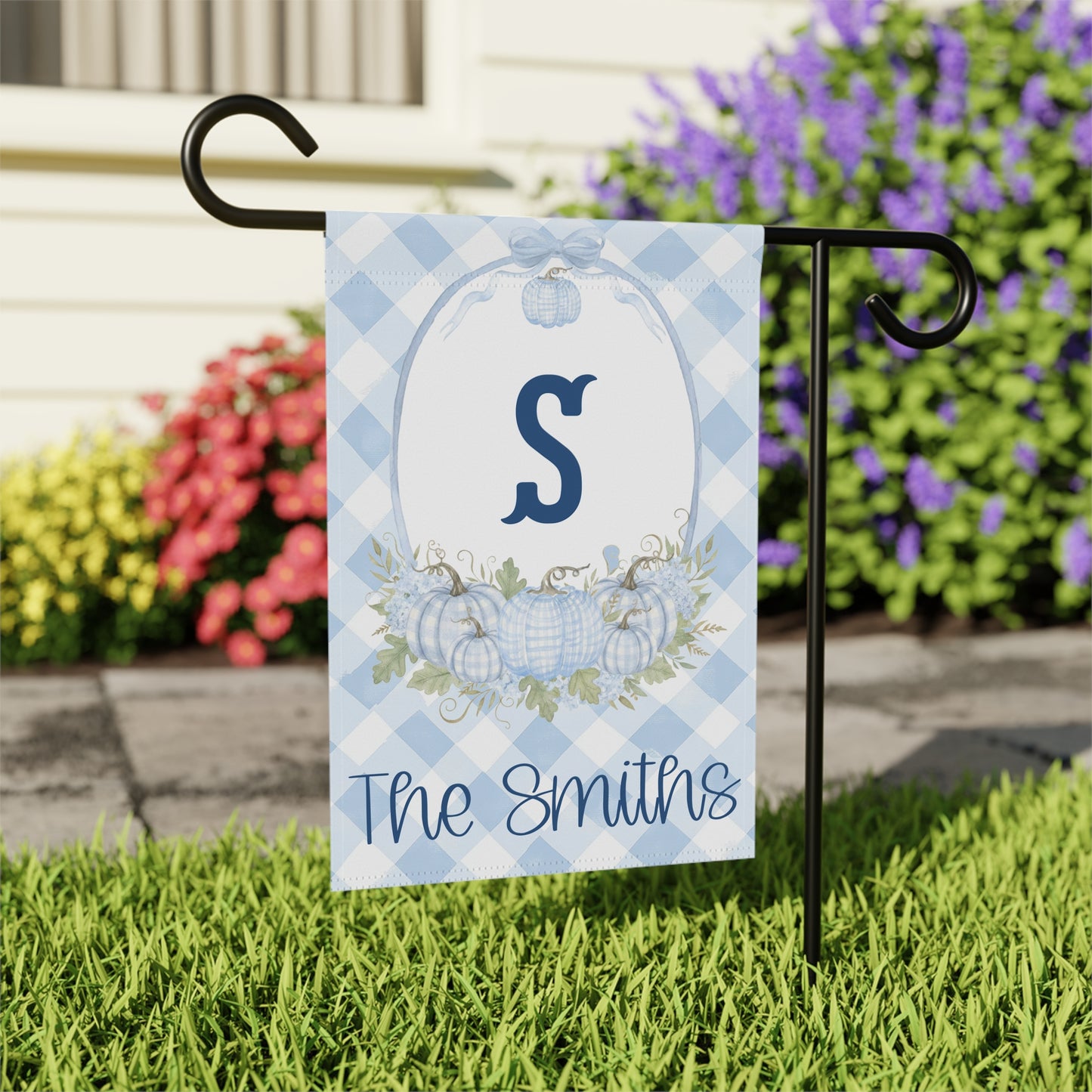 Blue Gingham Monogram S Garden Flag | Personalized House Banner