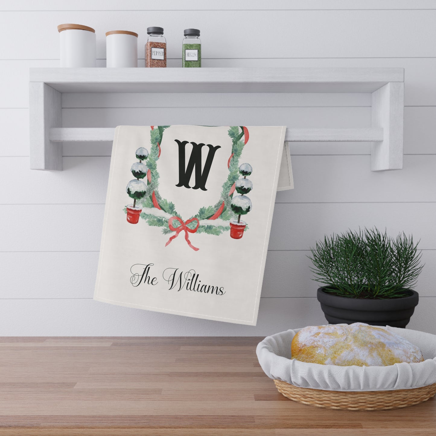 Monogram W Wreath Tea Towel | Personalized Family Name Kitchen Towel