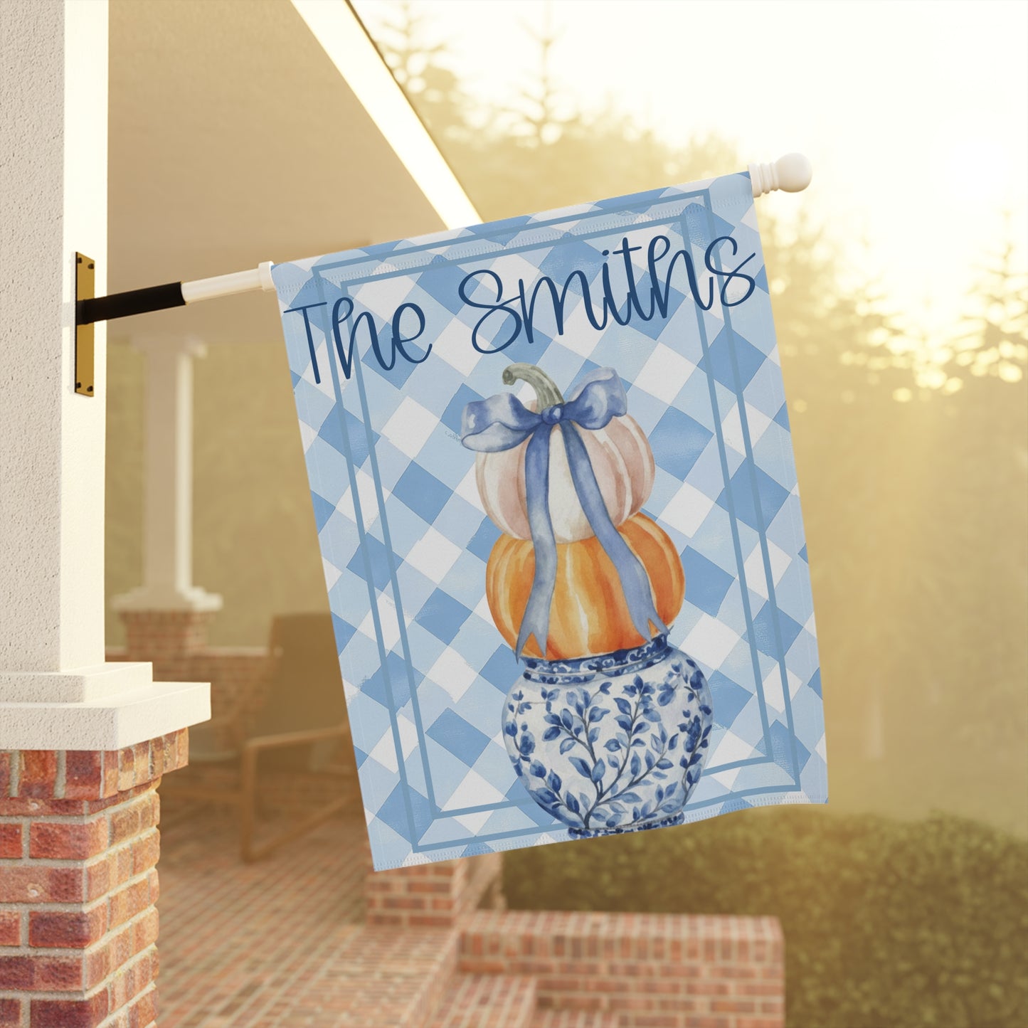 Blue Gingham Pumpkin Stack Garden Flag | Garden Banner