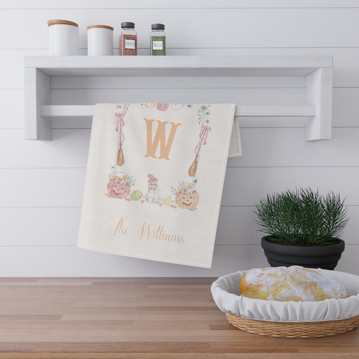 Monogram W Pumpkin Bunny Fall Tea Towel | Personalized Kitchen Towel
