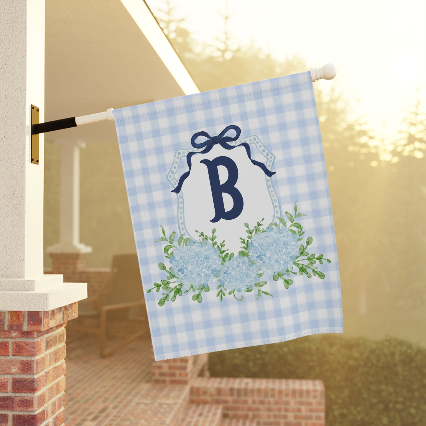 Blue Gingham Hydrangea Monogram Garden Flag