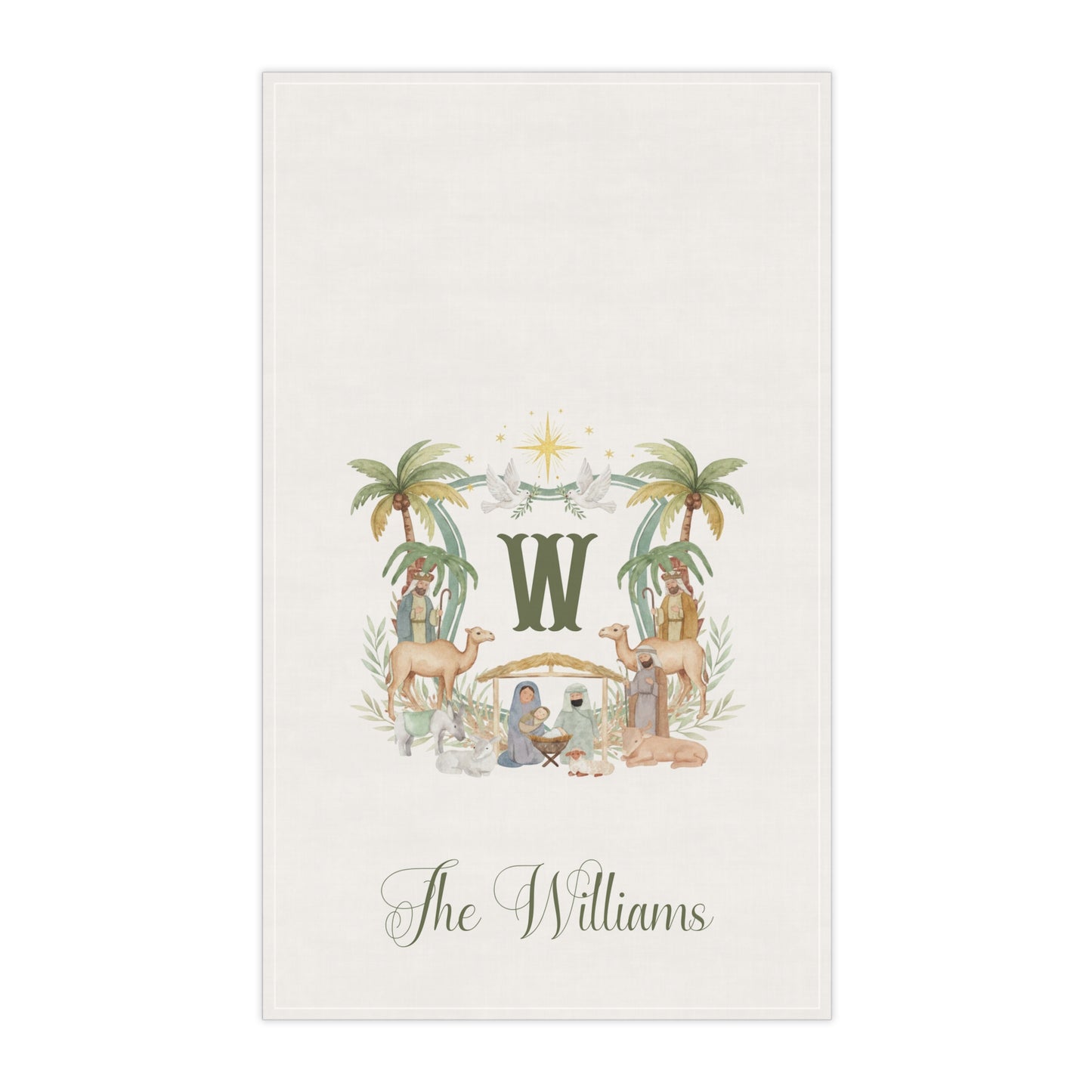 Coastal Monogram W Nativity Tea Towel | Personalized Williams