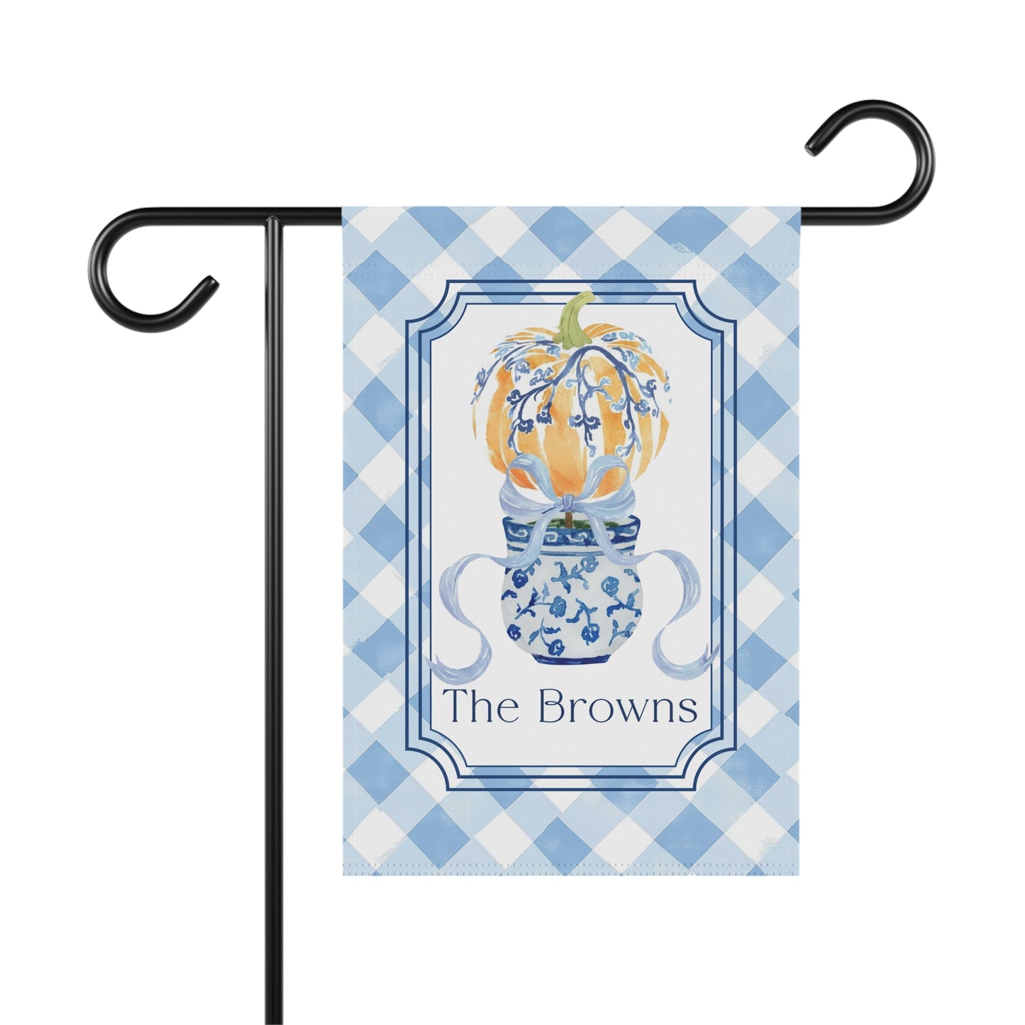 Blue Gingham Pumpkin in Blue Willow Vase Garden Flag | House Banner, Personalized Name