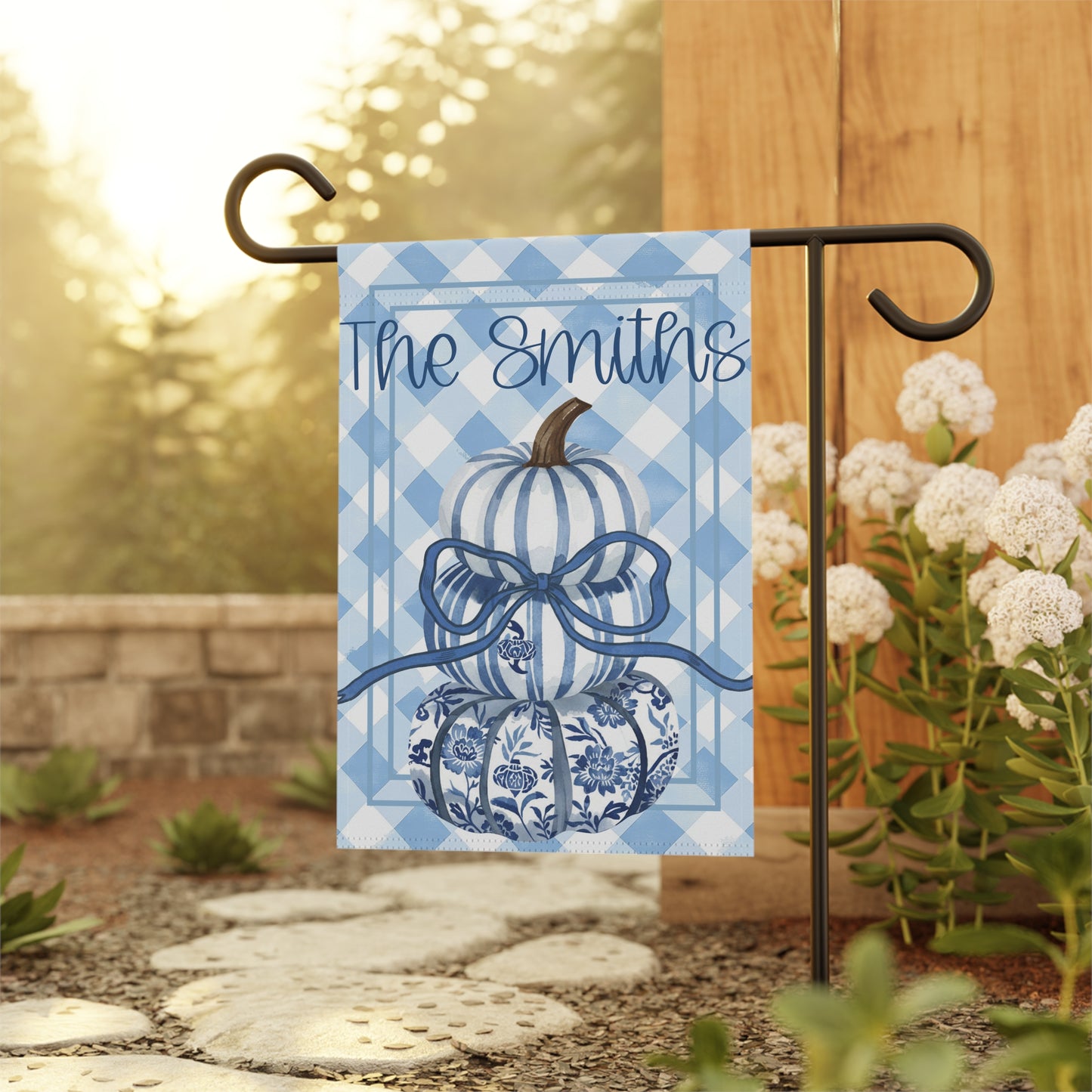 Blue Gingham Pumpkin Stack Garden & House Banner | Personalized Name