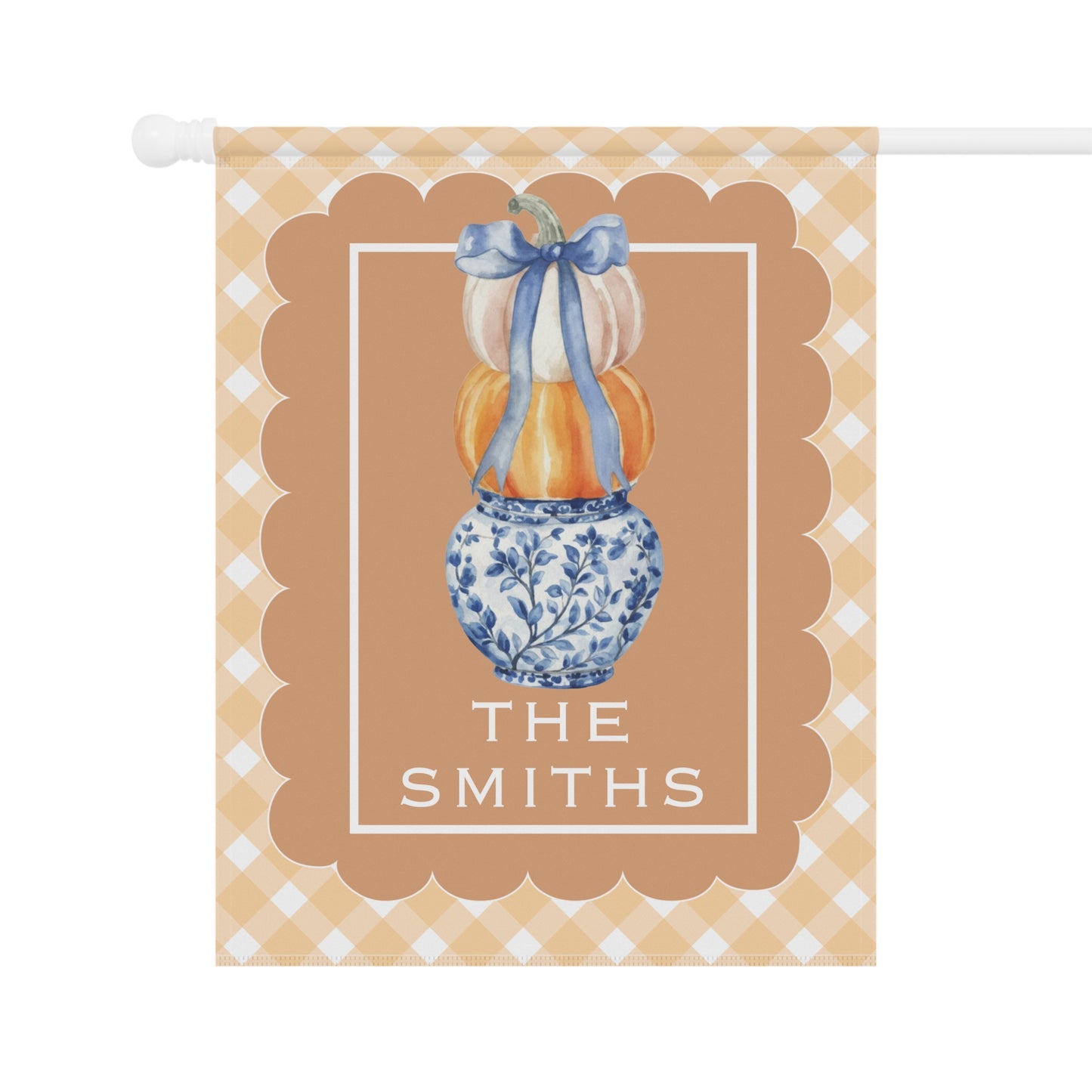 Stacked Pumpkins in Blue Vase Garden Flag | House Banner, Personalized Name