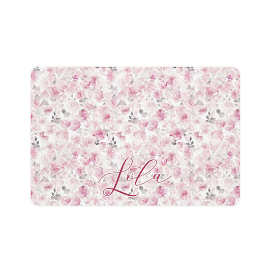 Personalized Pink Floral Pet Food Mat