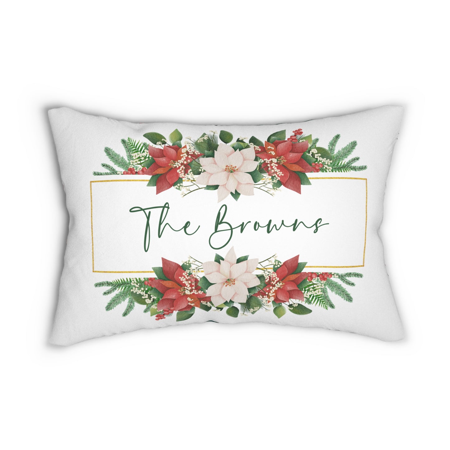 Personalized Poinsettia Wreath Lumbar Pillow | Christmas Plaid Back