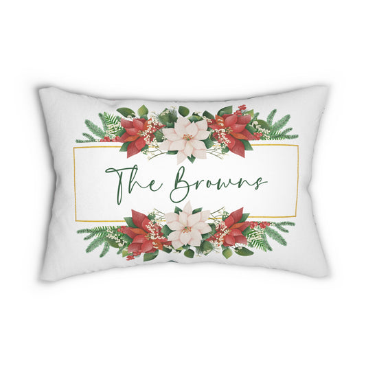 Personalized Poinsettia Wreath Lumbar Pillow | Christmas Plaid Back