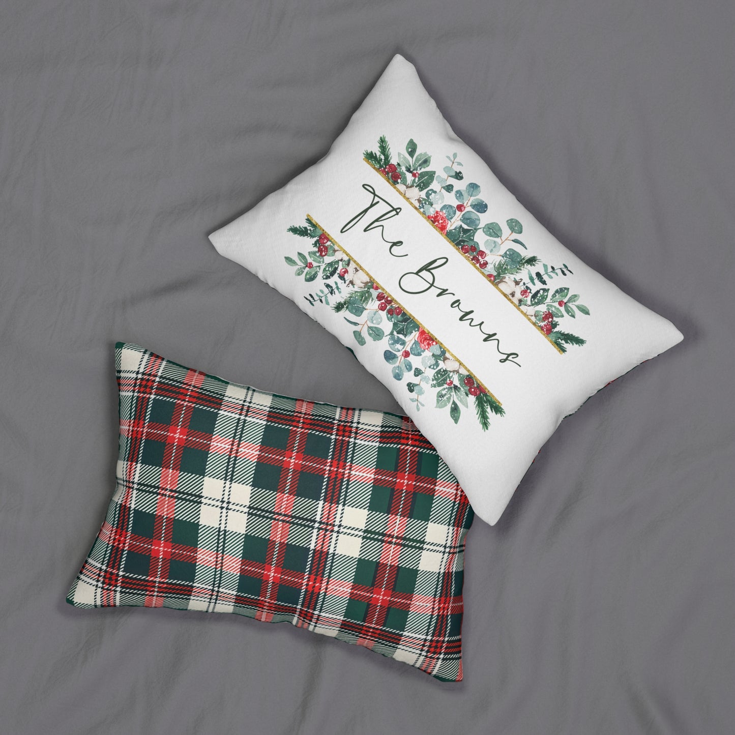 Personalized Christmas Lumbar Pillow — "The Browns" Floral & Plaid Holiday Throw