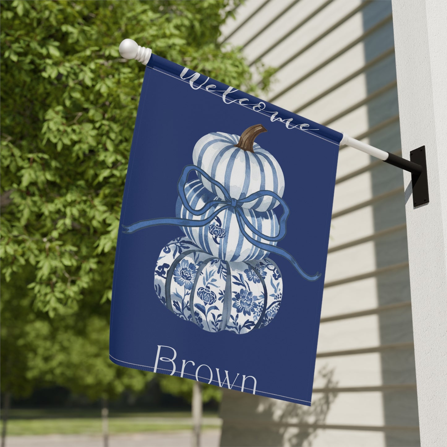 Blue Floral Pumpkin Welcome garden flag | House Banner