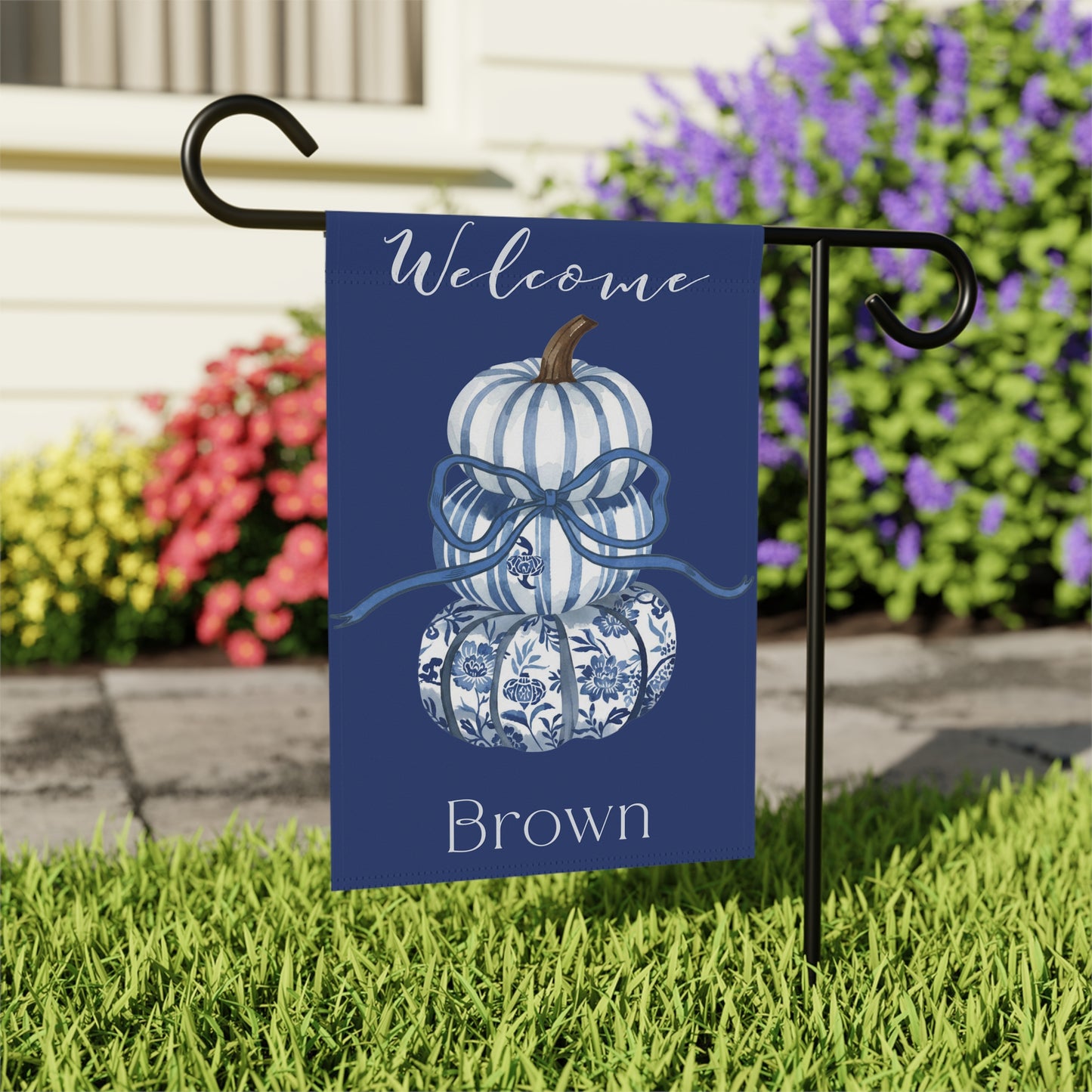Blue Floral Pumpkin Welcome garden flag | House Banner