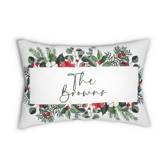 Personalized Christmas Lumbar Pillow — Festive Plaid & Wreath Design (Custom Name)