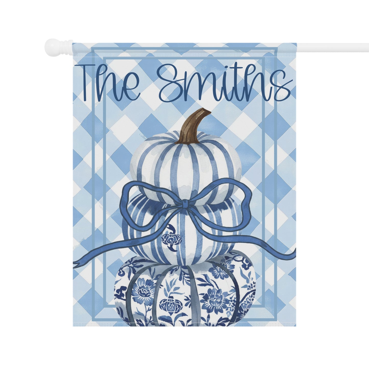 Blue Gingham Pumpkin Stack Garden & House Banner | Personalized Name
