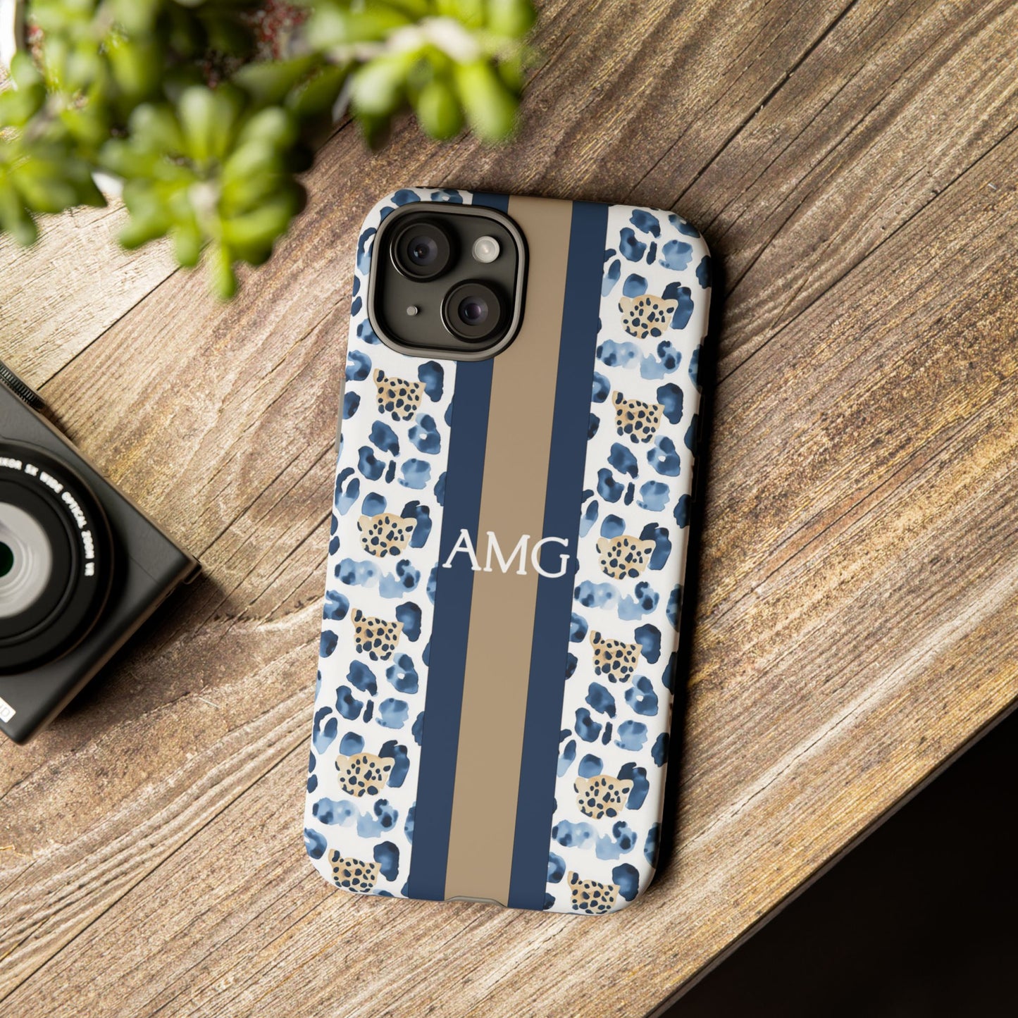 Blue Leopard Monogram Phone Case