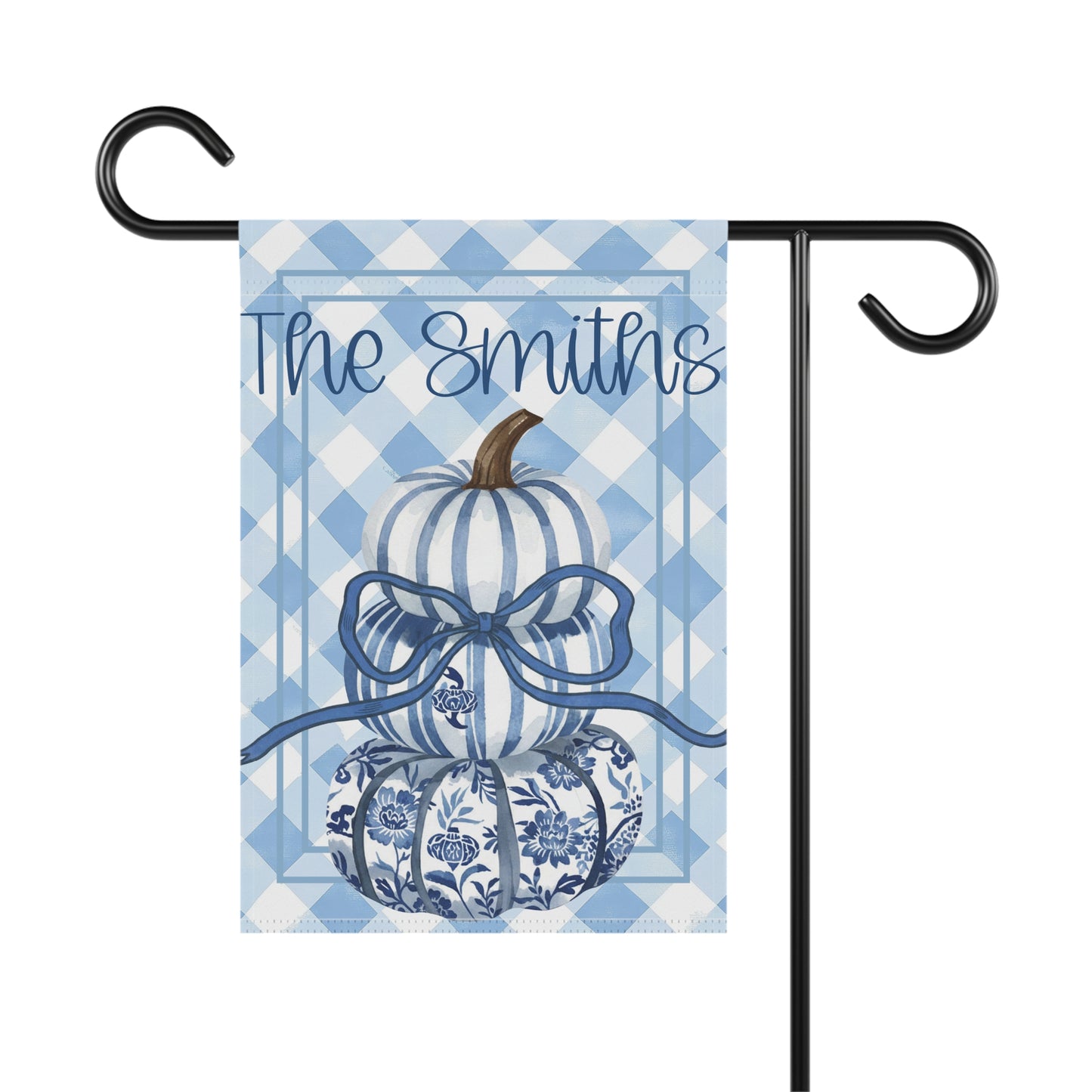 Blue Gingham Pumpkin Stack Garden & House Banner | Personalized Name