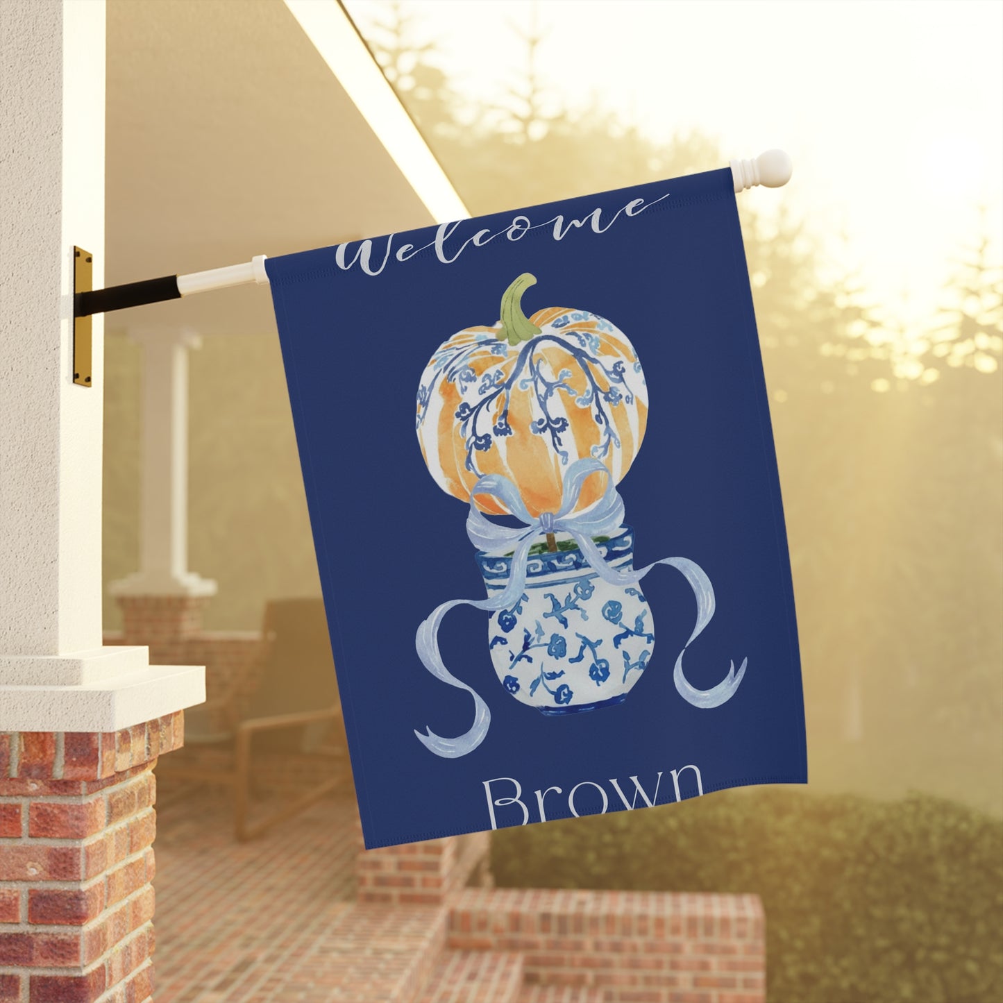 Blue Chinoiserie Pumpkin Welcome Garden Flag