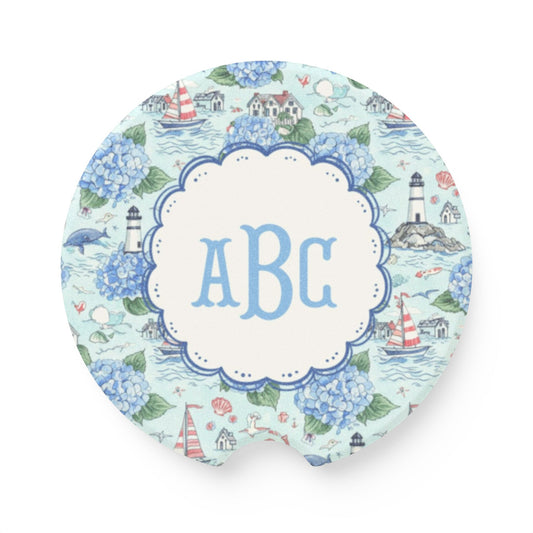 Nautical Hydrangea Monogram Car Coaster | Soapstone